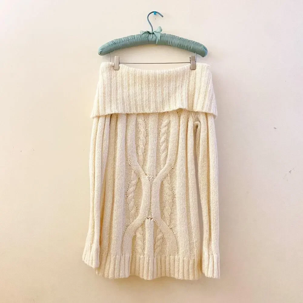 Vintage Anne Klein Cream White Off the Shoulder Sweater Dress Tunic Medium